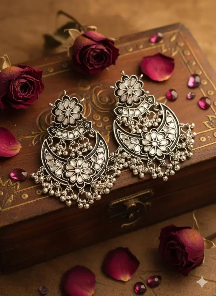Antique Silver Floral Chandbali Earring